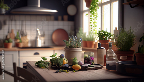 Lightly Lived Kitchen & Dining with Plants. Generative AI.