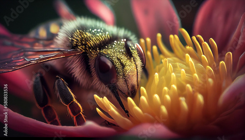 Extreme close-up of bee on flower. Generative AI.