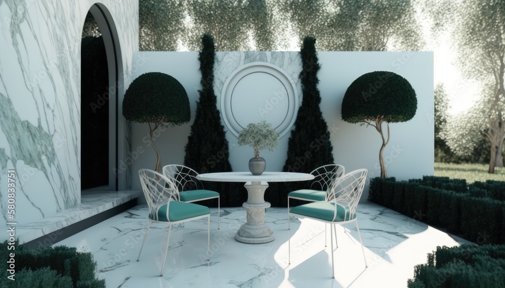 Modern marble terrace next to the garden, the perfect location for breakfast, outdoor