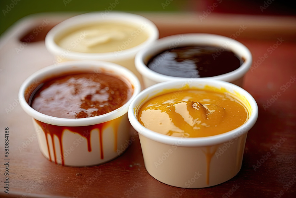 BBQ Four Great Grilling Sauces and side dishes bokeh,generative artificial intelligence BBQ Four Great Grilling Sauces and side dishes bokeh,generative artificial intelligence