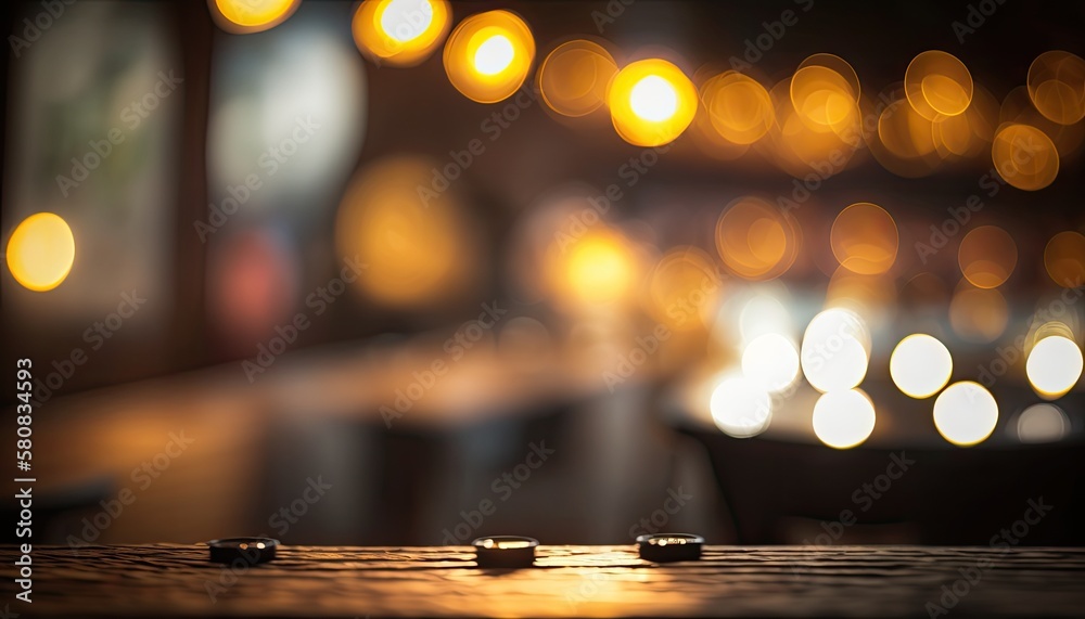 Bokeh lights on a blurred background with an empty wooden table in the foreground. Generative AI illustration. Bokeh lights on a blurred background with an empty wooden table in the foreground. Generative AI illustration.