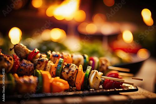 BBQ Kebabs 4 Ways and side dishes bokeh ,generative artificial intelligence