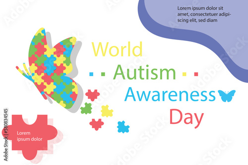 World Autism Awareness Day. Flat design illustration template for brochures, social media campaign, articles, greetings. Butterfly with colorful puzzle.