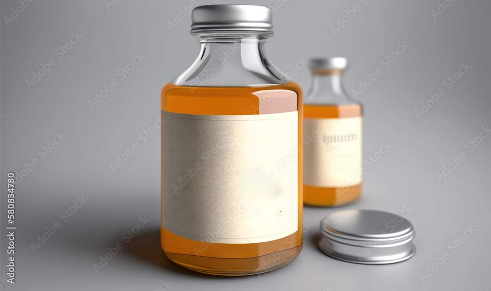  a bottle of liquid sitting next to another bottle of liquid on a gray surface with a silver cap on the side of the bottle and a silver lid.  generative ai
