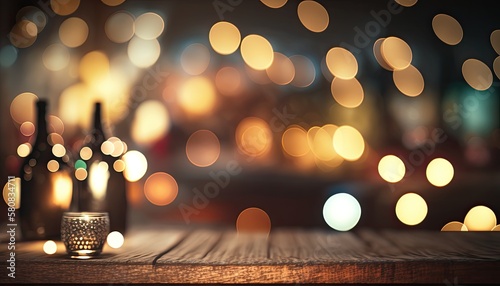 Bokeh lights on a blurred background with an empty wooden table in the foreground. Generative AI illustration.