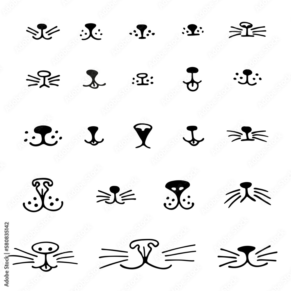Big set of animal noses. Cute and funny sketched face of cat, dog, rabbit. Hand drawn vector for pet shop logo, animal care and posters. Big set of animal noses. Cute and funny sketched face of cat, dog, rabbit. Hand drawn vector for pet shop logo, animal care and posters.