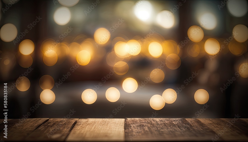 Bokeh lights on a blurred background with an empty wooden table in the foreground. Generative AI illustration.