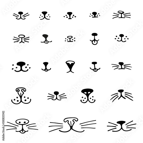 Big set of animal noses. Cute and funny sketched face of cat, dog, rabbit. Hand drawn vector for pet shop logo, animal care and posters.