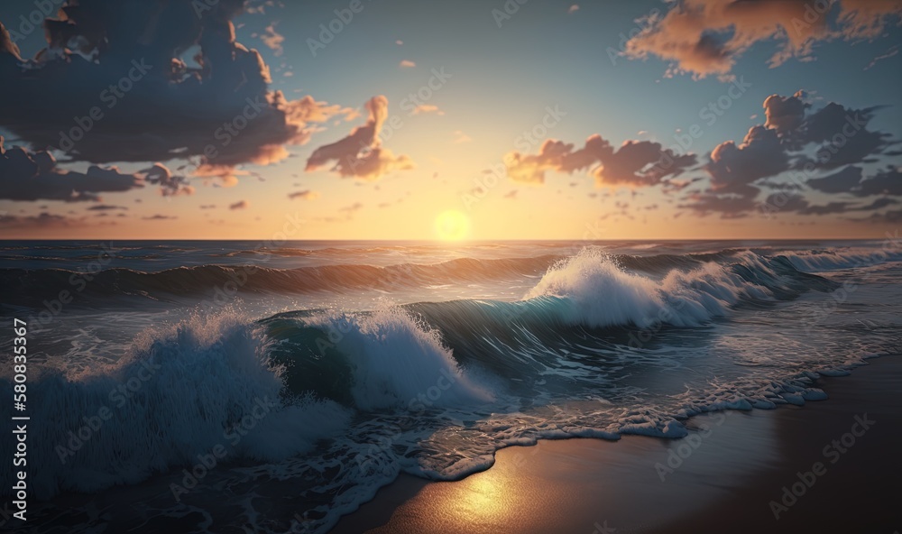  a painting of a sunset over the ocean with a wave coming towards the shore and the sun in the sky above the ocean and the water.  generative ai