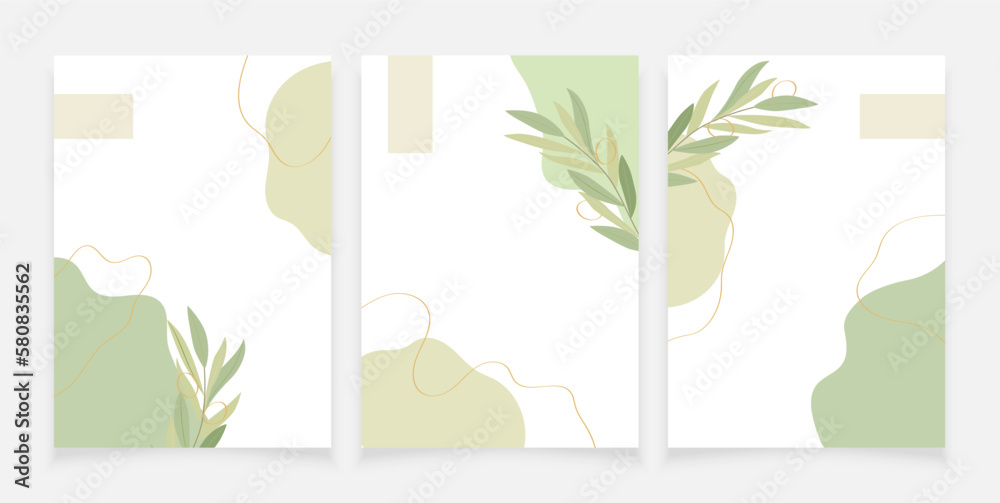 Set of 3 minimalistic A4 backgrounds for greeting card, banner, poster, cover, flyer. Colored figures with olive branch.