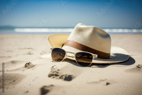 A hat with sunglasses lies on the sand on a strand by the sea. Generative AI