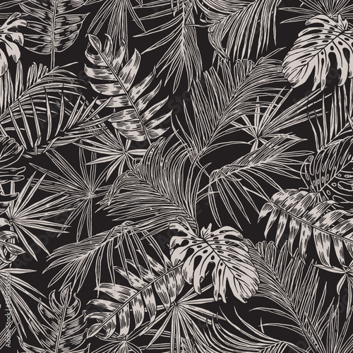 SEAMLESS GRUNGE DISTRESSED HAND PAINTED DRAWN TROPICAL FERN PALM FLORAL PATTERN SWATCH
