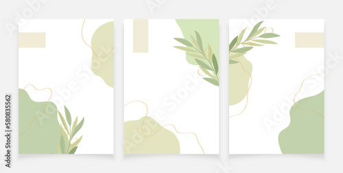 Set of 3 minimalistic A4 backgrounds for greeting card, banner, poster, cover, flyer. Colored figures with olive branch.