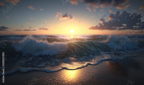  the sun is setting over the ocean with a wave coming towards the shore and the sun is setting over the ocean with a wave coming towards the shore. generative ai