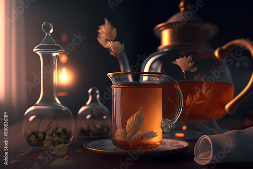 Cup of tea in oriental style on a table in a dark room with leaves. Cup of herbal tea with dry flowers. Generative AI technology.