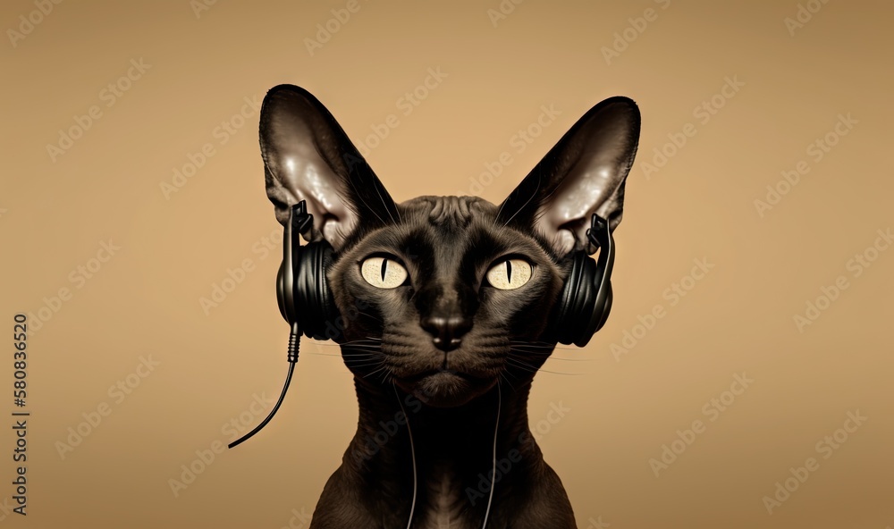  a black cat with headphones on its ears and a tan background is featured in this artistic photo of a cat with headphones on it's ears.  generative ai