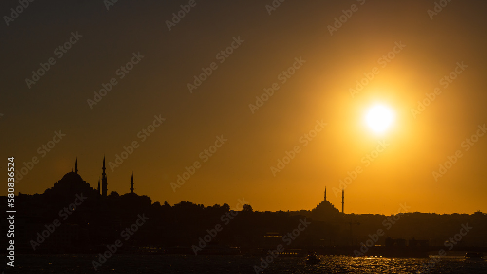 Silhouette of Istanbul at sunset. Ramadan or islamic background photo.