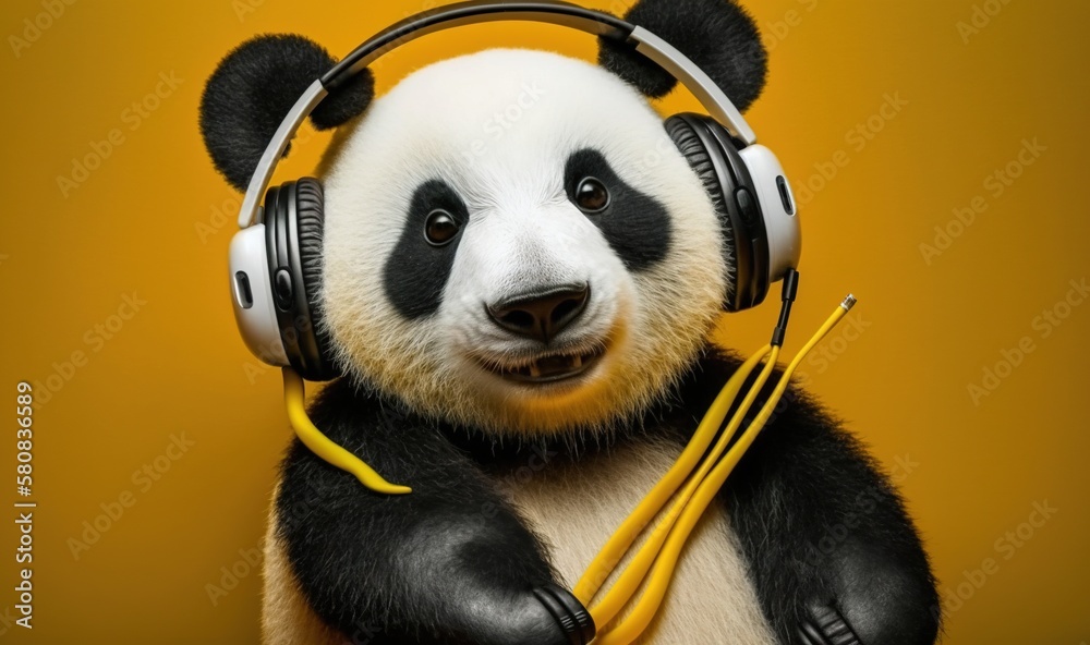 a panda bear wearing headphones and holding a yellow cord to its ear and looking at the camera with a serious look on its face. generative ai a panda bear wearing headphones and holding a yellow cord to its ear and looking at the camera with a serious look on its face. generative ai
