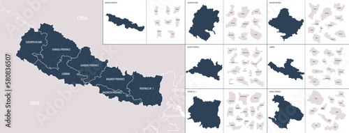 Vector color detailed map of Nepal with the administrative divisions of the country, each Provinces is presented separately and divided into Districts