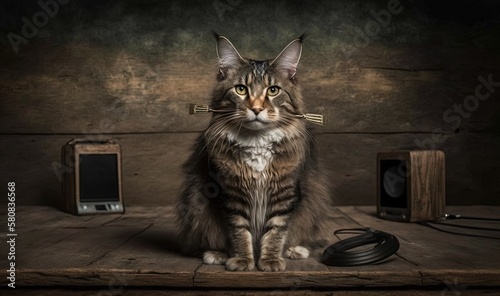  a cat sitting on a table next to a pair of headphones and a speaker on a wooden table with a black cord in front of it. generative ai