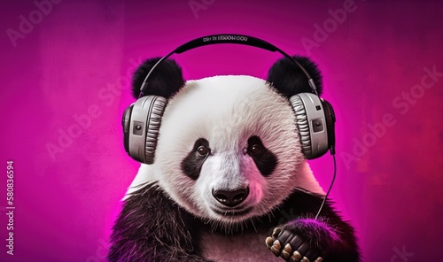  a panda bear wearing headphones and holding a piece of paper in its paws with a pink background behind it and a purple wall behind it.  generative ai © Shanti