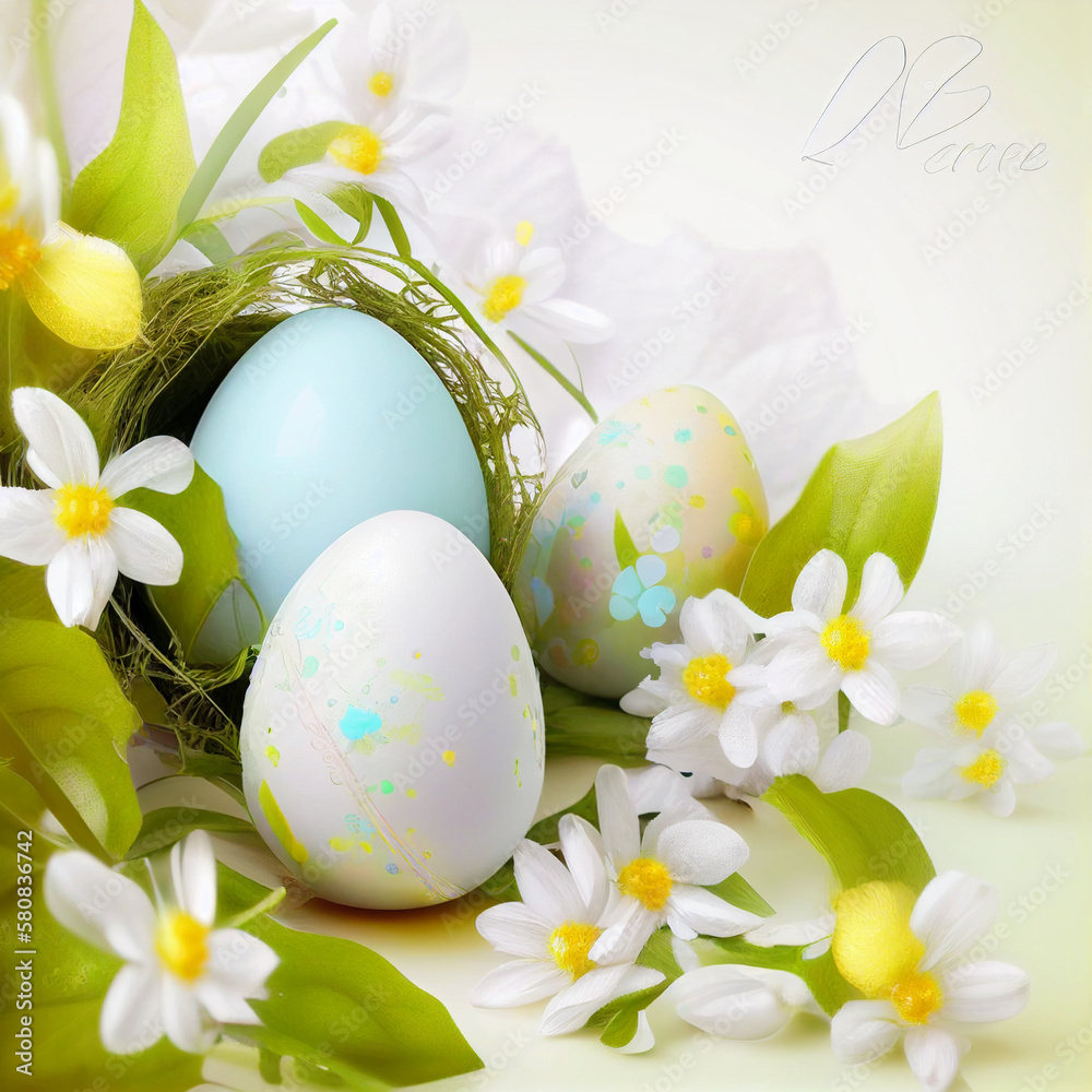 Easter banner background with Easter decoration eggs and spring flowers. Happy Easter morning. copy space AI generated