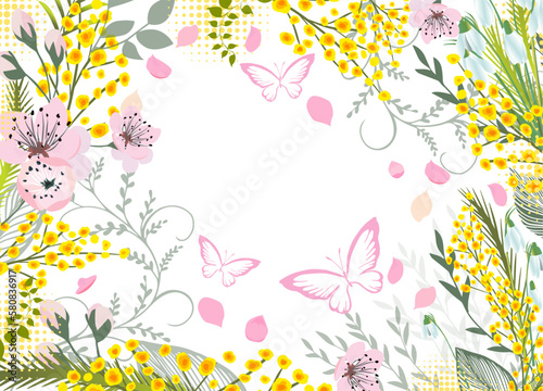 Happy women's day greeting card. 8 march women's day poster or banner . Frame with spring flowers. Postcard for text. Vector illustration