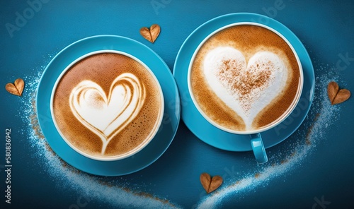  two cups of cappuccino with heart shapes on blue saucers on a blue table with hearts drawn on the top of the cups. generative ai