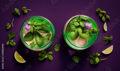  a couple of glasses filled with green leaves and flowers on top of a purple surface next to lime slices and lime wedges on the side of the glasses.  generative ai © Shanti