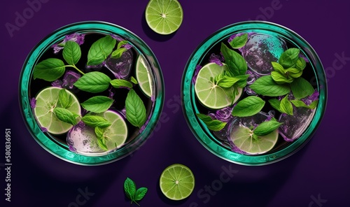  a couple of glasses filled with limes and lime slices on top of a purple tablecloth next to a lime slice and a green leaf.  generative ai © Shanti