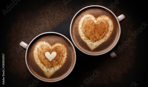  two cups of hot chocolate with a heart drawn on the top of the cups, on a dark background, with a spoon in the middle. generative ai