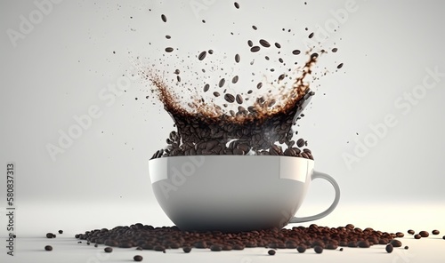  a cup of coffee with a lot of coffee beans coming out of it on a white table with a gray background and a splash of coffee beans coming out of coffee. generative ai