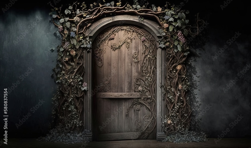 a wooden door with vines growing on it in a dark room with a wooden ...