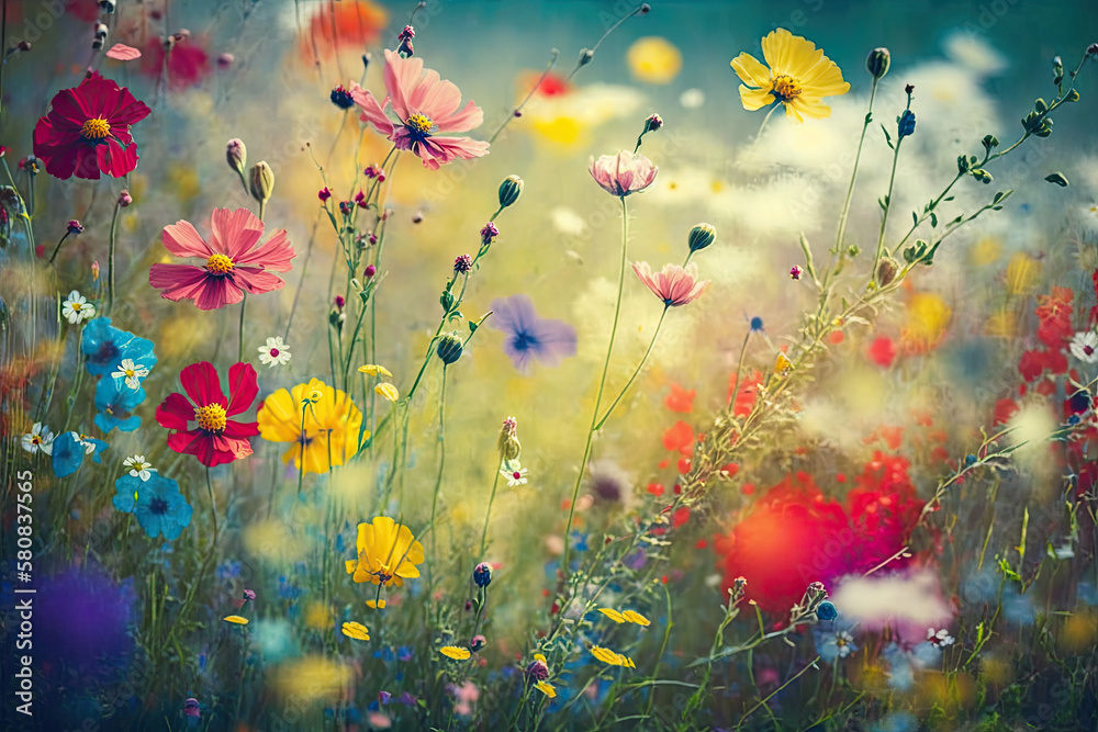 Colorful flower meadow in spring , generative artificial intelligence 