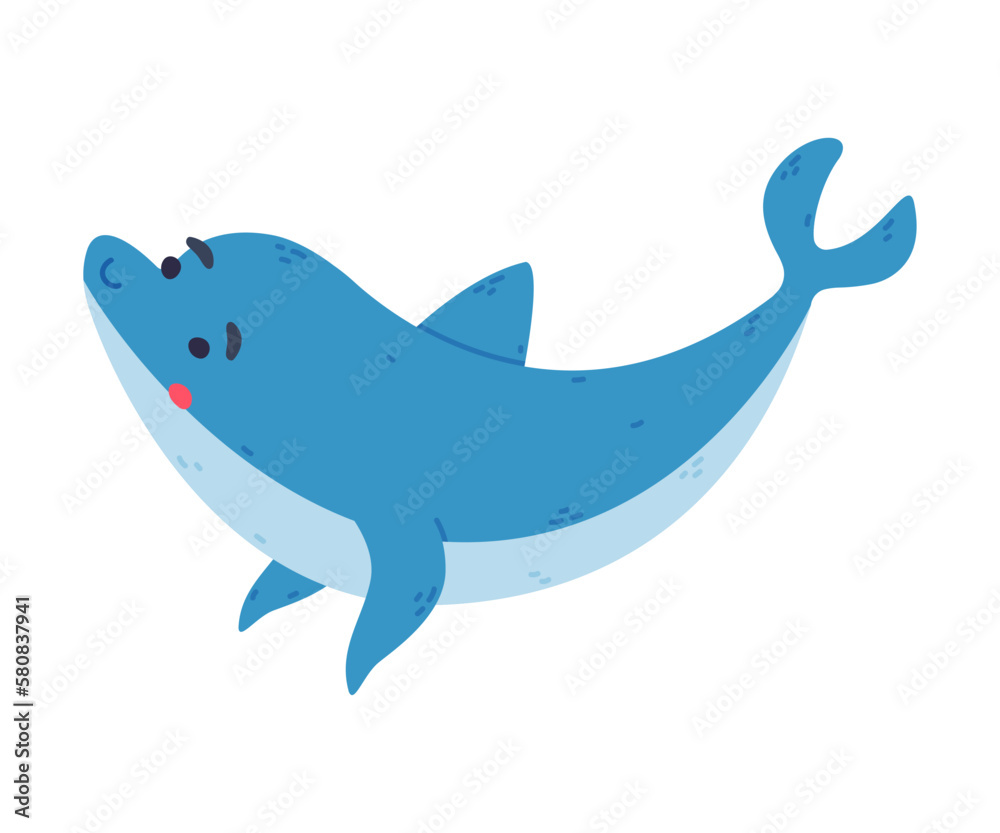 Fototapeta premium Cute swimming dolphin. Funny friendly dolphinfish character cartoon vector illustration