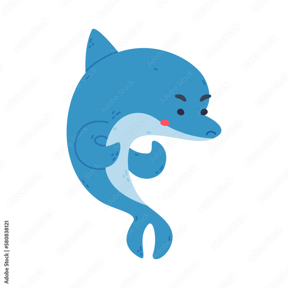 Fototapeta premium Cute jumping dolphin. Funny blue dolphinfish character cartoon vector illustration