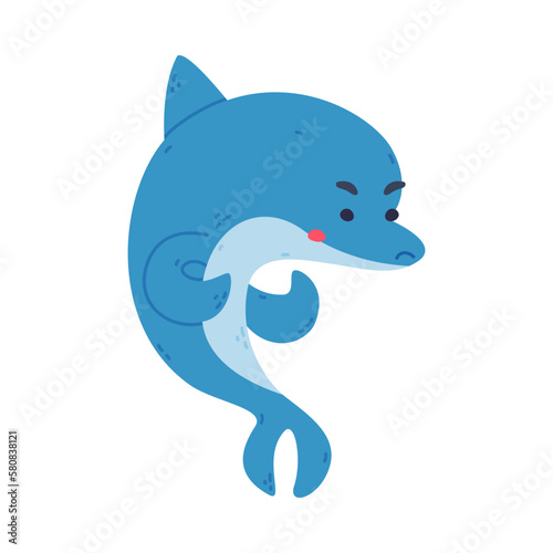 Cute jumping dolphin. Funny blue dolphinfish character cartoon vector illustration