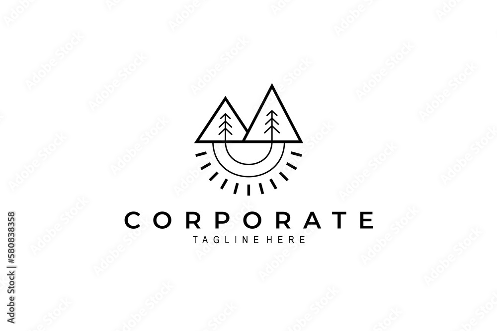 mountain logo overgrown with two fir trees with sunlight under it in line art style mountain logo overgrown with two fir trees with sunlight under it in line art style