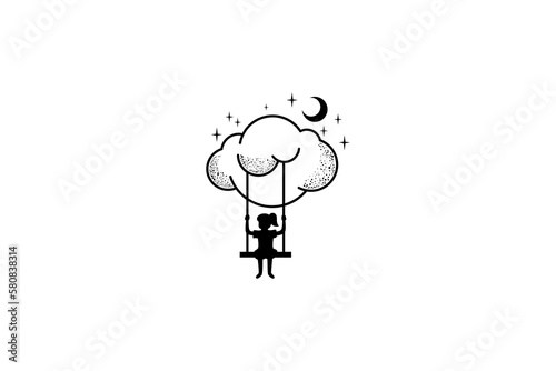 little girl logo swinging under the clouds decorated with the moon and stars in a flat design