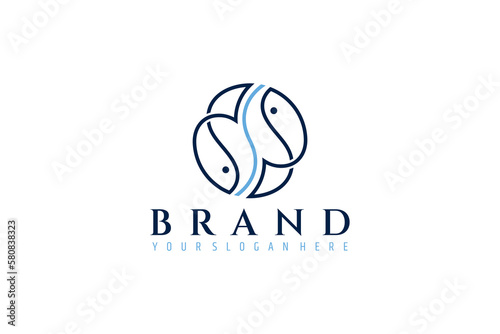 circular swimming pair of fish logo with simple line art design style concept