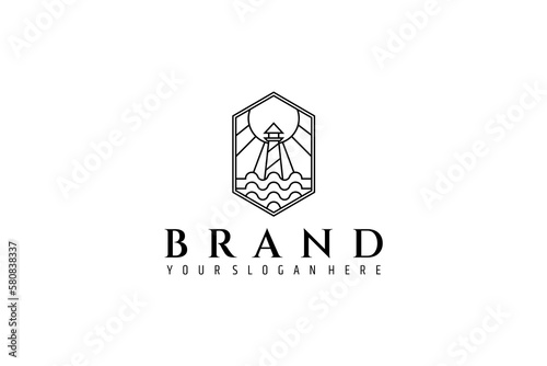 lighthouse logo on the sea on a shining sun background decorated with frames
