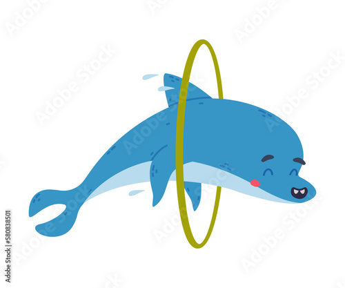 Cute dolphin jumping through hoop. Funny dolphinfish performing in dolphinarium cartoon vector illustration