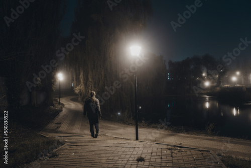 Canvas-taulu Walking along the alley in night foggy park