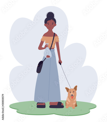 Clean up after your pet. Young girl walking a corgi dog on a leash. African American woman holding a bag of excrement. Vector flat illustration.