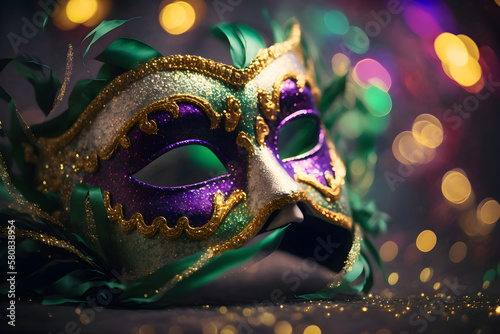 Gold, purple and green glittery mardi gras mask on shining bokeh background © Carlos Montes
