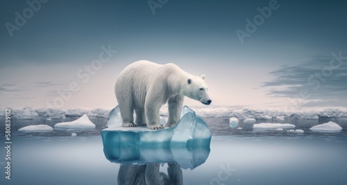 Global Warming - Polar bear on ice floe Melting iceberg global  Generative AI.