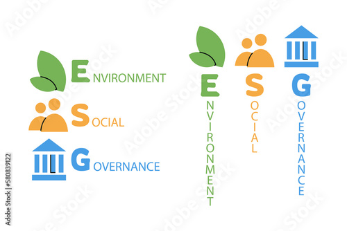 Environment Social Governance concept signs. Horizontal and vertical ESG infographic icons. Corporate sustainability performance, social responsibility. Vector illustration