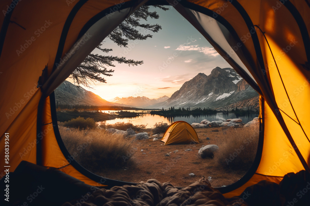 Morning wake up camping in the woods at lake view inside the tent - Ai generative - obrazy, fototapety, plakaty 