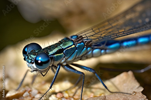 closeup of a blue tail dragonfly on a green leaf. Generative AI