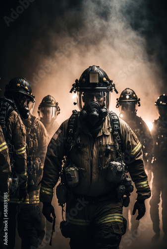 firefighter in action in the middle of the fire rescuing lives, GENERATIVE AI ©  freeprompt